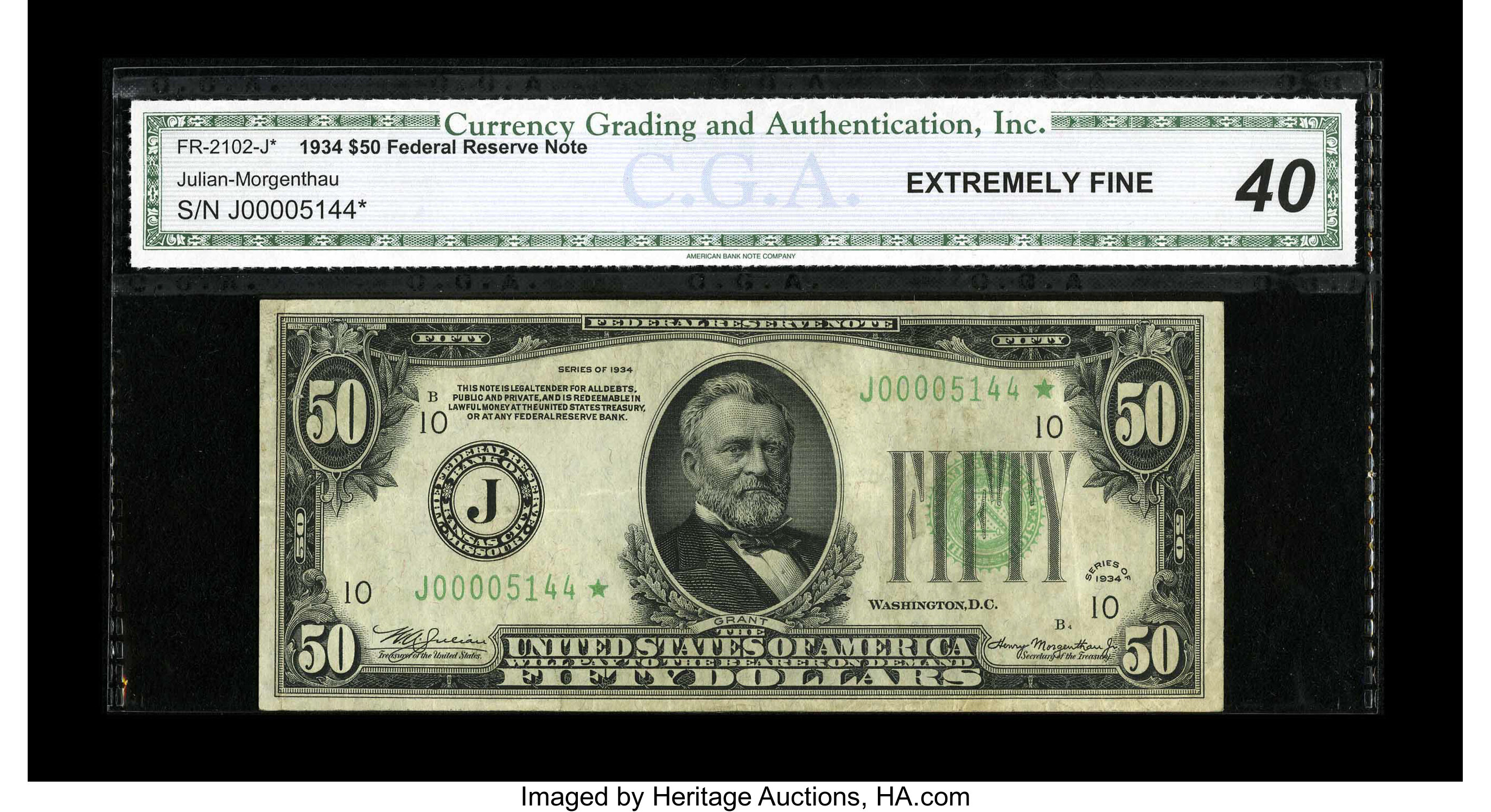 image for: Fr. 2102-J* $50 1934 Federal Reserve Note. CGA Extremely Fine 40.This replacement exhibits even circulation....