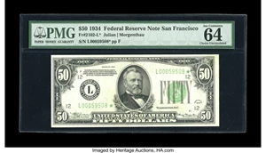 image for: Fr. 2102-L* $50 1934 Federal Reserve Note. PMG Choice Uncirculated 64 EPQ.Original embossing of the seal is noted through ...