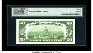 image for: Fr. 2102-L* $50 1934 Federal Reserve Note. PMG Choice Uncirculated 64 EPQ.Original embossing of the seal is noted through ...