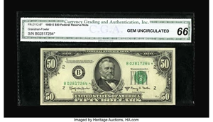 image for: Fr. 2112-B* $50 1950E Federal Reserve Note. CGA Gem Uncirculated 66.This pleasing replacement has garnered a high grade fr...
