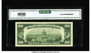 image for: Fr. 2112-B* $50 1950E Federal Reserve Note. CGA Gem Uncirculated 66.This pleasing replacement has garnered a high grade fr...