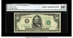 image for: Fr. 2112-B* $50 1950E Federal Reserve Note. CGA About Uncirculated 58.The faintest of center bends is noted on this 1950E ...