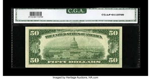 image for: Fr. 2112-B* $50 1950E Federal Reserve Note. CGA About Uncirculated 58.The faintest of center bends is noted on this 1950E ...