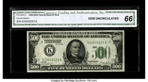image for: Fr. 2200-K $500 1928 Federal Reserve Note. CGA Gem Uncirculated 66.This well centered and bright example is easily the hig...