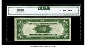 image for: Fr. 2200-K $500 1928 Federal Reserve Note. CGA Gem Uncirculated 66.This well centered and bright example is easily the hig...