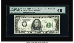 image for: Fr. 2202-E $500 1934A Federal Reserve Note. PMG Extremely Fine 40.An evenly circulated issue with the typical three folds ...