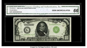 image for: Fr. 2210-G $1000 1928 Federal Reserve Note. CGA Gem Uncirculated 66.Beneath the holder this piece looks crackling fresh, w...