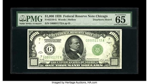image for: Fr. 2210-G $1000 1928 Federal Reserve Note. PMG Gem Uncirculated 65 EPQ.This note, which hails from the "Dearborn Hoard", ...