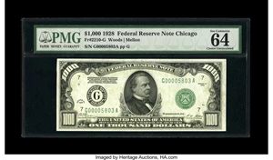 image for: Fr. 2210-G $1000 1928 Federal Reserve Note. PMG Choice Uncirculated 64.PMG informs us via their label that this note has "...