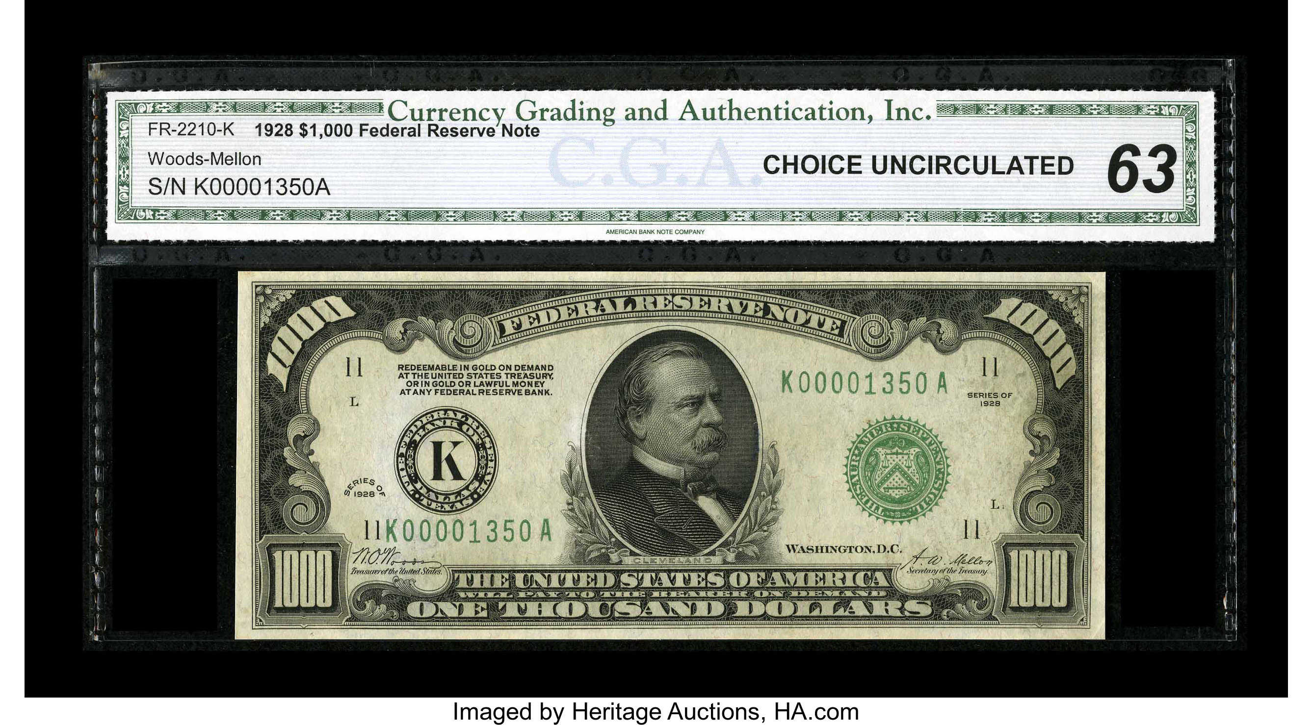 image for: Fr. 2210-K $1000 1928 Federal Reserve Note. CGA Choice Uncirculated 63.This is a nice piece from the ever elusive Dallas d...