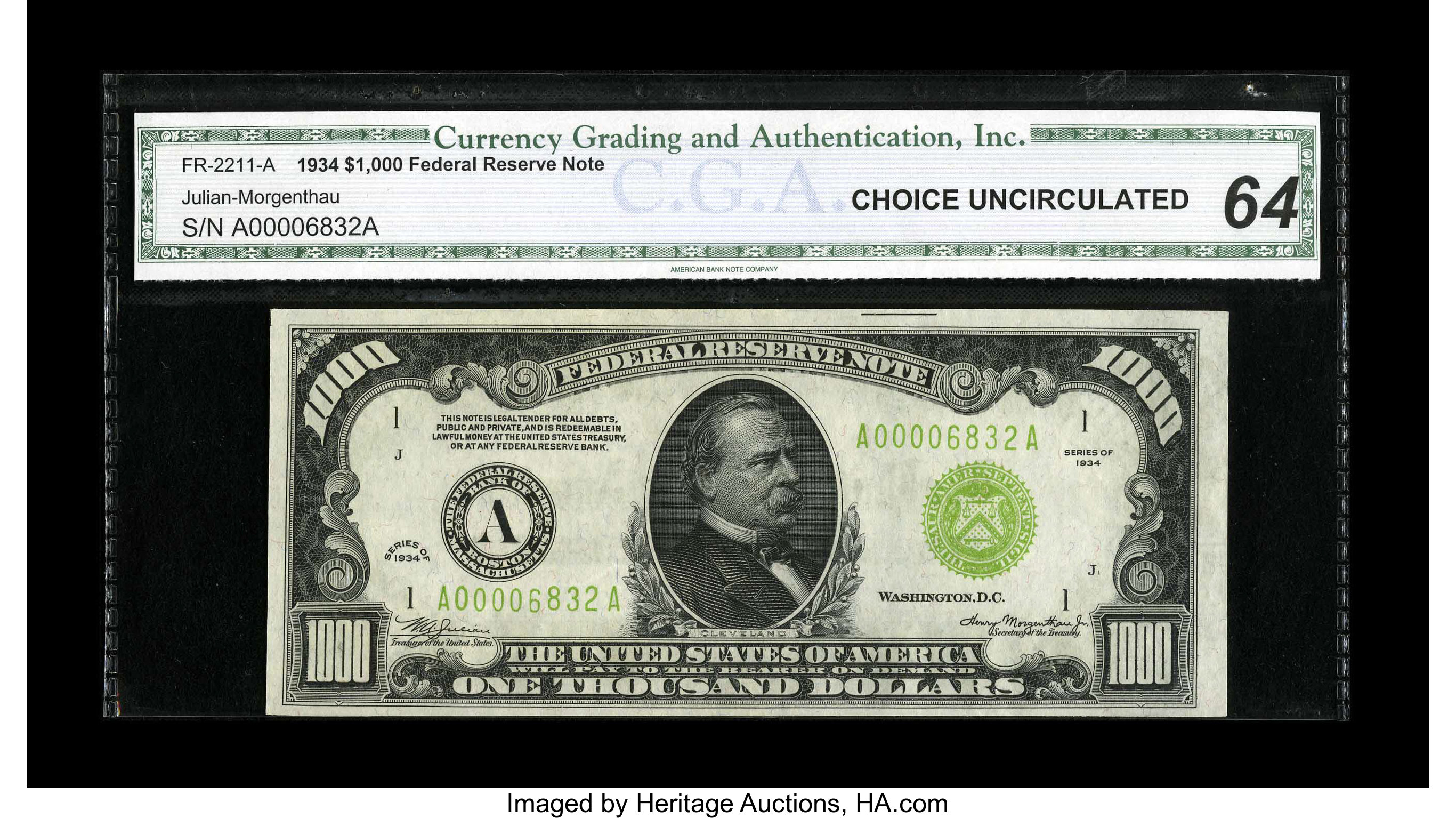 image for: Fr. 2211-A $1000 1934 Light Green Seal Federal Reserve Note. CGA Choice Uncirculated 64.This Boston $1000 has bright white...