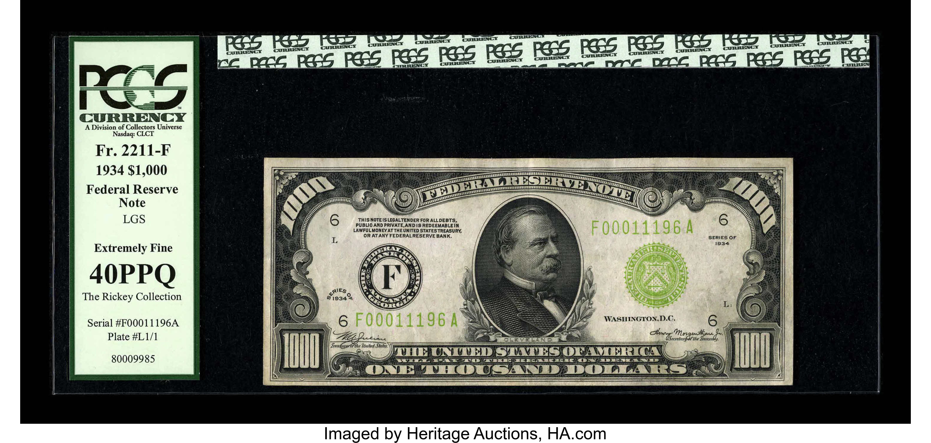 image for: Fr. 2211-F $1000 1934 Light Green Seal Federal Reserve Note. PCGS Extremely Fine 40PPQ.The lime green seals certainly have...