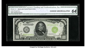 image for: Fr. 2211-H $1000 1934 Light Green Seal Federal Reserve Note. CGA Choice Uncirculated 64.Pleasing colors are seen on this a...