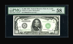 image for: Fr. 2211-H $1000 1934 Federal Reserve Note. PMG Choice About Unc 58.A lone corner fold is noted at bottom right, though th...