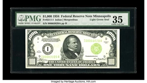 image for: Fr. 2211-I $1000 1934 Federal Reserve Note. PMG Choice Very Fine 35.From the lowest print run of only 12,000 notes for thi...