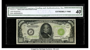 image for: Fr. 2211-J $1000 1934 Federal Reserve Note. CGA Extremely Fine 40.The three heaviest folds leave the face printing mostly ...