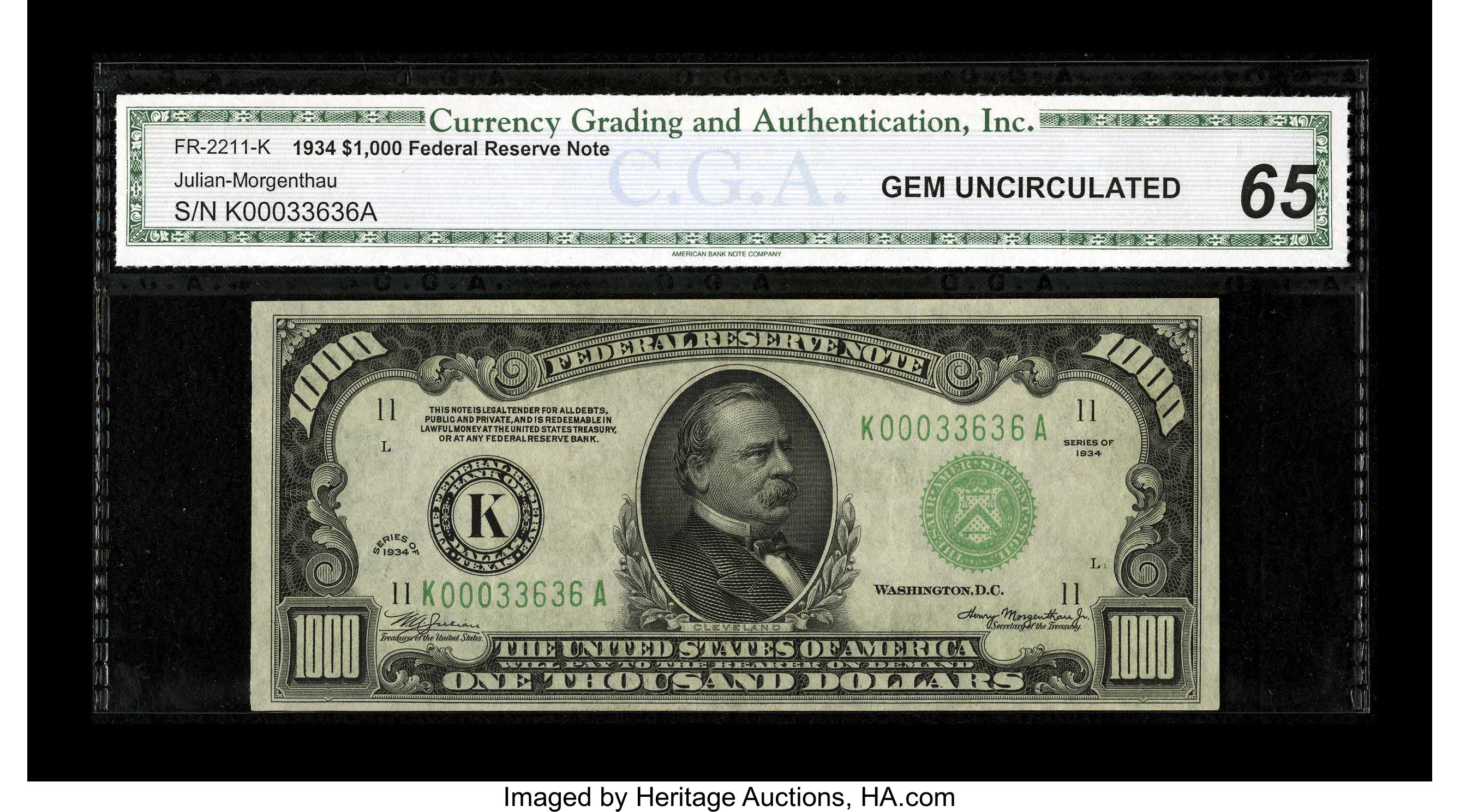 image for: Fr. 2211-K $1000 1934 Federal Reserve Note. CGA Gem Uncirculated 65.The Dallas district is the key to this series in Uncir...