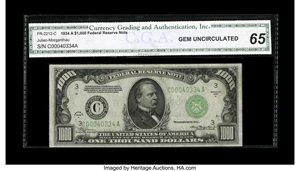 image for: Fr. 2212-C $1000 1934A Federal Reserve Note. CGA Gem Uncirculated 65.This bright piece still exhibits some strong embossin...