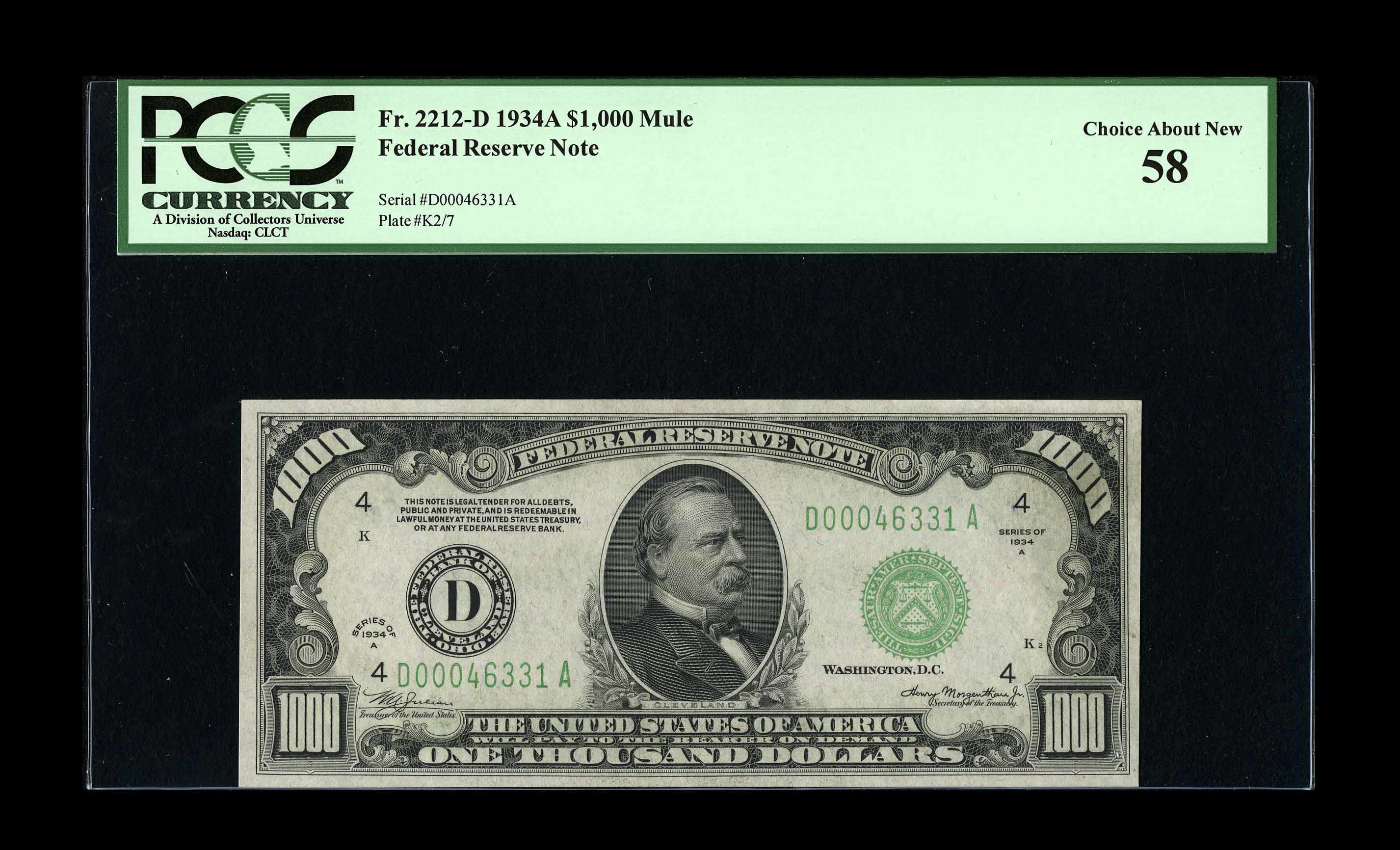 image for: Fr. 2212-D $1000 1934A Mule Federal Reserve Note. PCGS Choice About New 58.Some serial number embossing is visible on this...