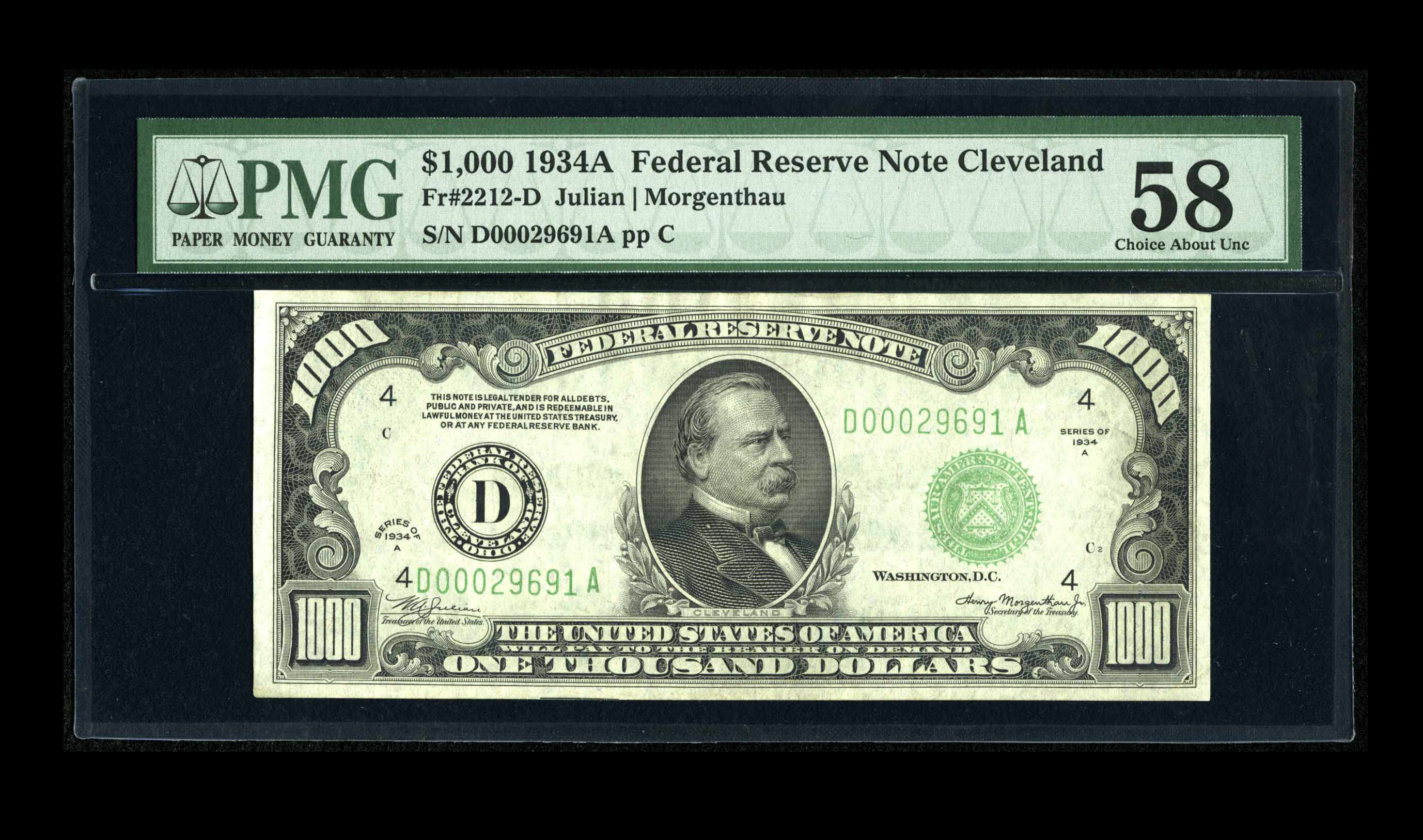image for: Fr. 2212-D $1000 1934A Federal Reserve Note. PMG Choice About Unc 58.A light center fold and natural paper wave can be see...