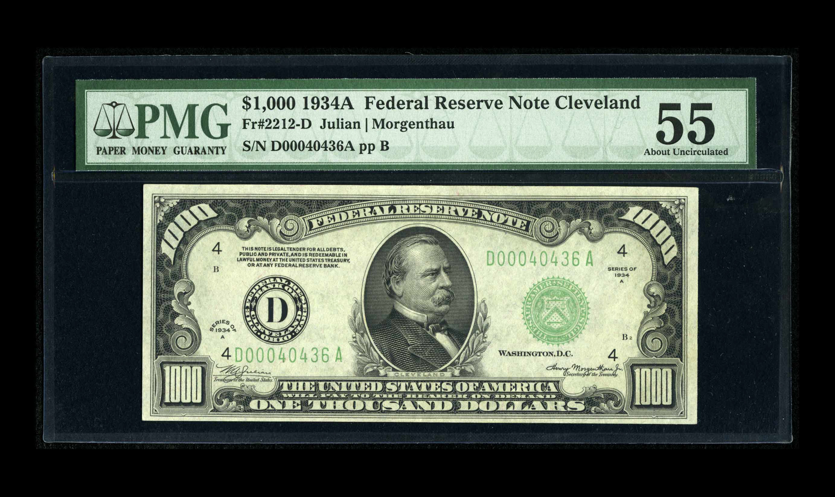 image for: Fr. 2212-D $1000 1934A Federal Reserve Note. PMG About Uncirculated 55.Ample margins surround this Cleveland district piec...