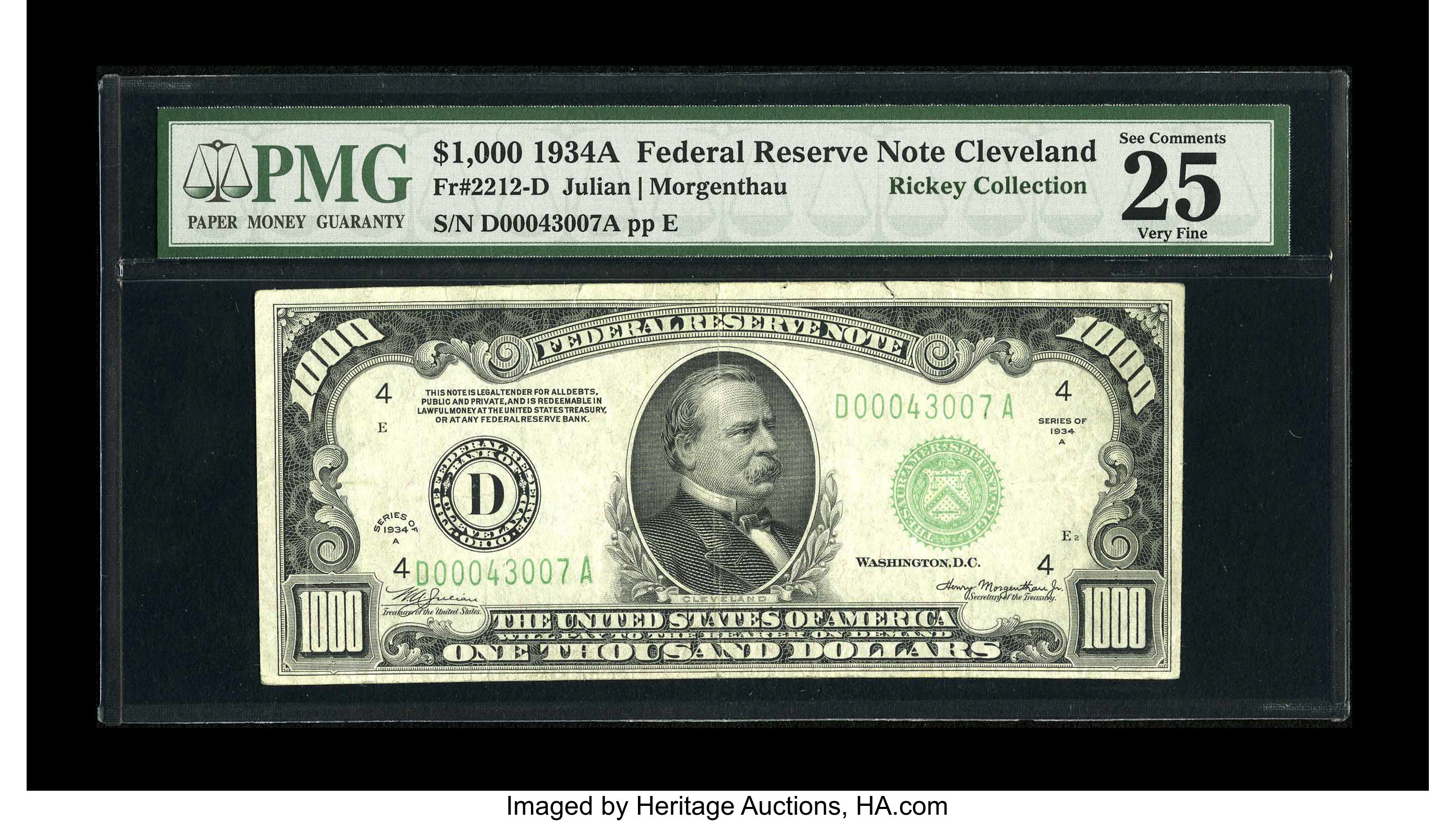 image for: Fr. 2212-D $1000 1934A Federal Reserve Note. PMG Very Fine 25.The holder mentions a minor top margin tear....
