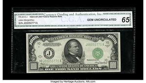 image for: Fr. 2212-J $1000 1934A Federal Reserve Note. CGA Gem Uncirculated 65.This note is quite colorful and plenty of serial numb...