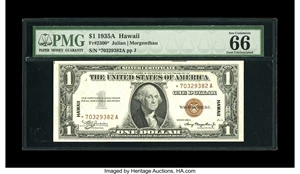 image for: Fr. 2300* $1 1935A Hawaii Silver Certificate. PMG Gem Uncirculated 66 EPQ.The last PMG 66 we handled sold for a touch more...