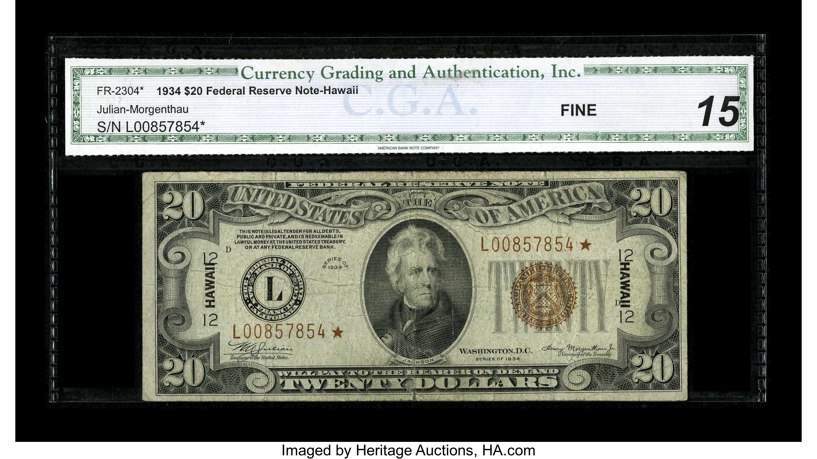 image for: Fr. 2304* $20 1934 Hawaii Federal Reserve Note. CGA Fine 15.A moderately circulated example of this Hawaii Mule star which...
