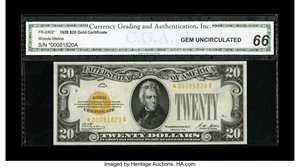 image for: Fr. 2402* $20 1928 Gold Certificate. CGA Gem Uncirculated 66.Four ample margins reveal parts of two paper guide line marke...