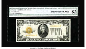 image for: Fr. 2402* $20 1928 Gold Certificate. CGA Crisp Uncirculated 62.The $20 Small Size Gold star is an easy note to find in gra...