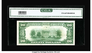 image for: Fr. 2402* $20 1928 Gold Certificate. CGA Crisp Uncirculated 62.The $20 Small Size Gold star is an easy note to find in gra...