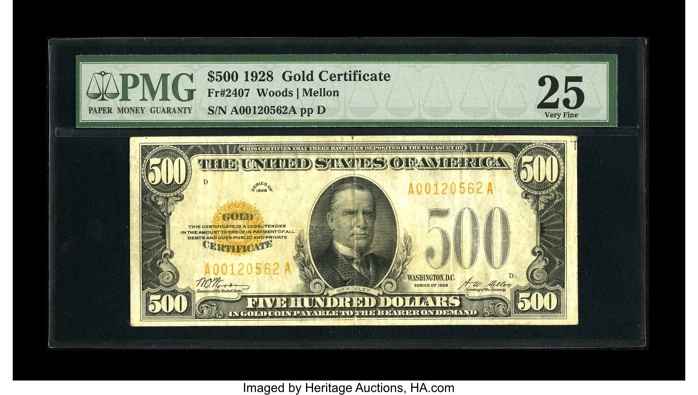 image for: Fr. 2407 $500 1928 Gold Certificate. PMG Very Fine 25.The overprint is bright on this example which has plenty of body rem...