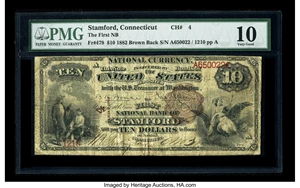 image for: Stamford, CT - $10 1882 Brown Back Fr. 479 The First NB Ch. # 4Nice brown-ink pen signatures add to the charm of this ...