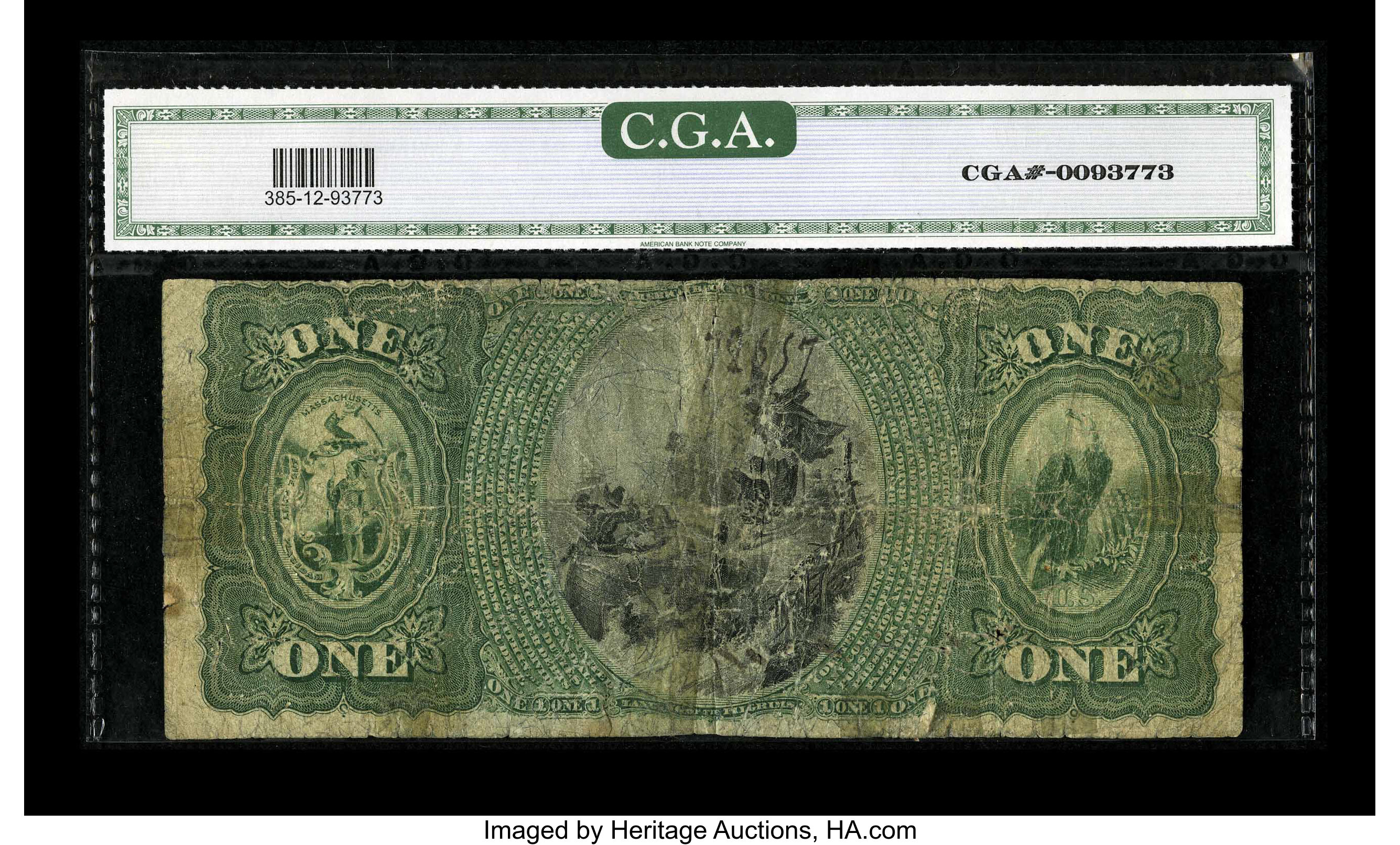 image for: Lancaster, MA - $1 1875 Fr. 385 The Lancaster NB Ch. # 583A CGA Fine 12 with the holder noting "Repaired." This ve...