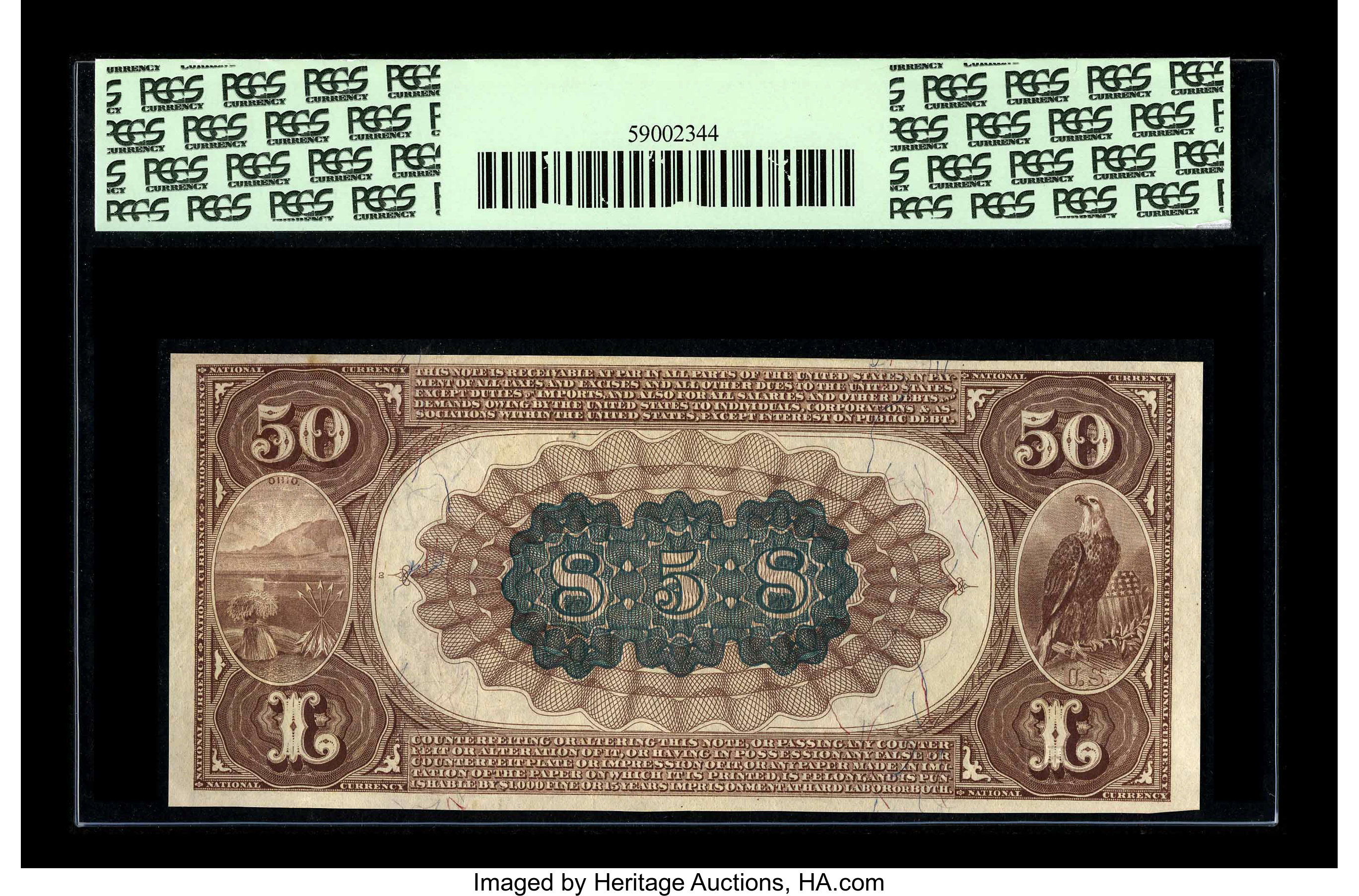 image for: Newark, OH - $50 1882 Brown Back Fr. 508 The First NB Ch. # 858A $50 Brown Back whose original embossing is so pronoun...