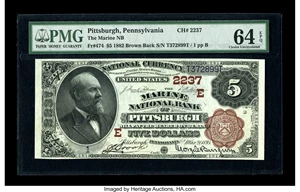 image for: Pittsburgh, PA - $5 1882 Brown Back Fr. 474 The Marine NB Ch. #(E)2237We were ecstatic when the following three notes ...