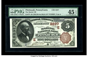 image for: Pittsburgh, PA - $5 1882 Brown Back Fr. 474 The Marine NB Ch. #(E)2237This serial number 2-A Brown Back possesses brig...