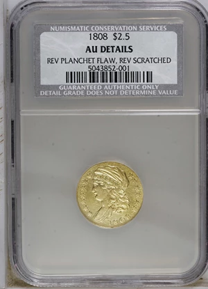 image for: 1808 $2 1/2 --Reverse Planchet Flaw, Reverse Scratched--NCS. AU Details. Breen-6125, BD-1, R.4. Gold type collectors are wel...