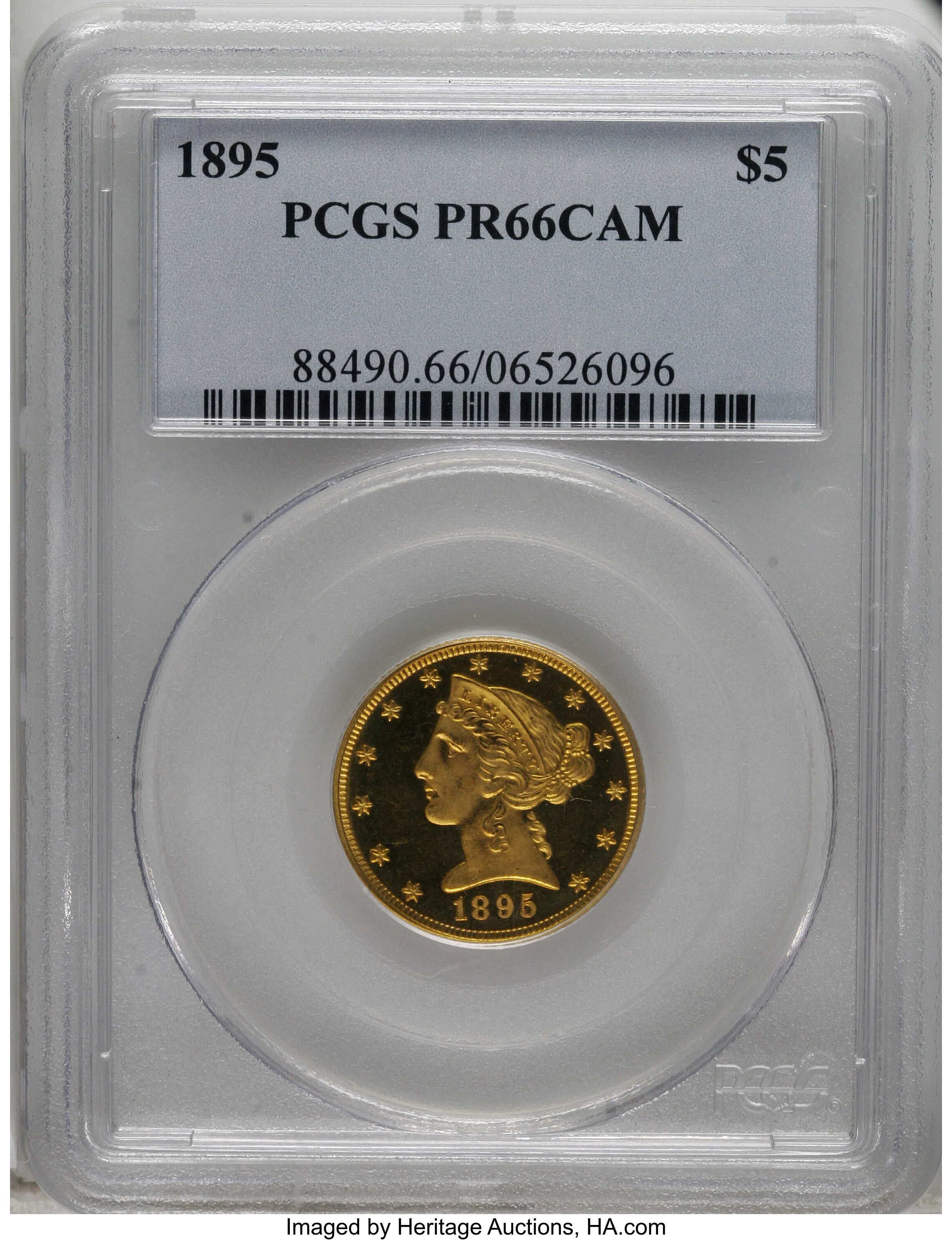 image for: 1895 $5 PR66 Cameo PCGS. An amazing proof half eagle, one of the finest imaginable for this date, or for any date in the Li...
