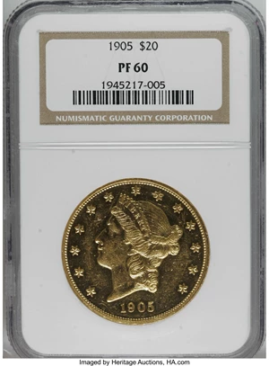 image for: 1905 $20 PR60 NGC. Only 92 proofs were minted of the 1905 Liberty Head double eagle. The present example shows numerous con...