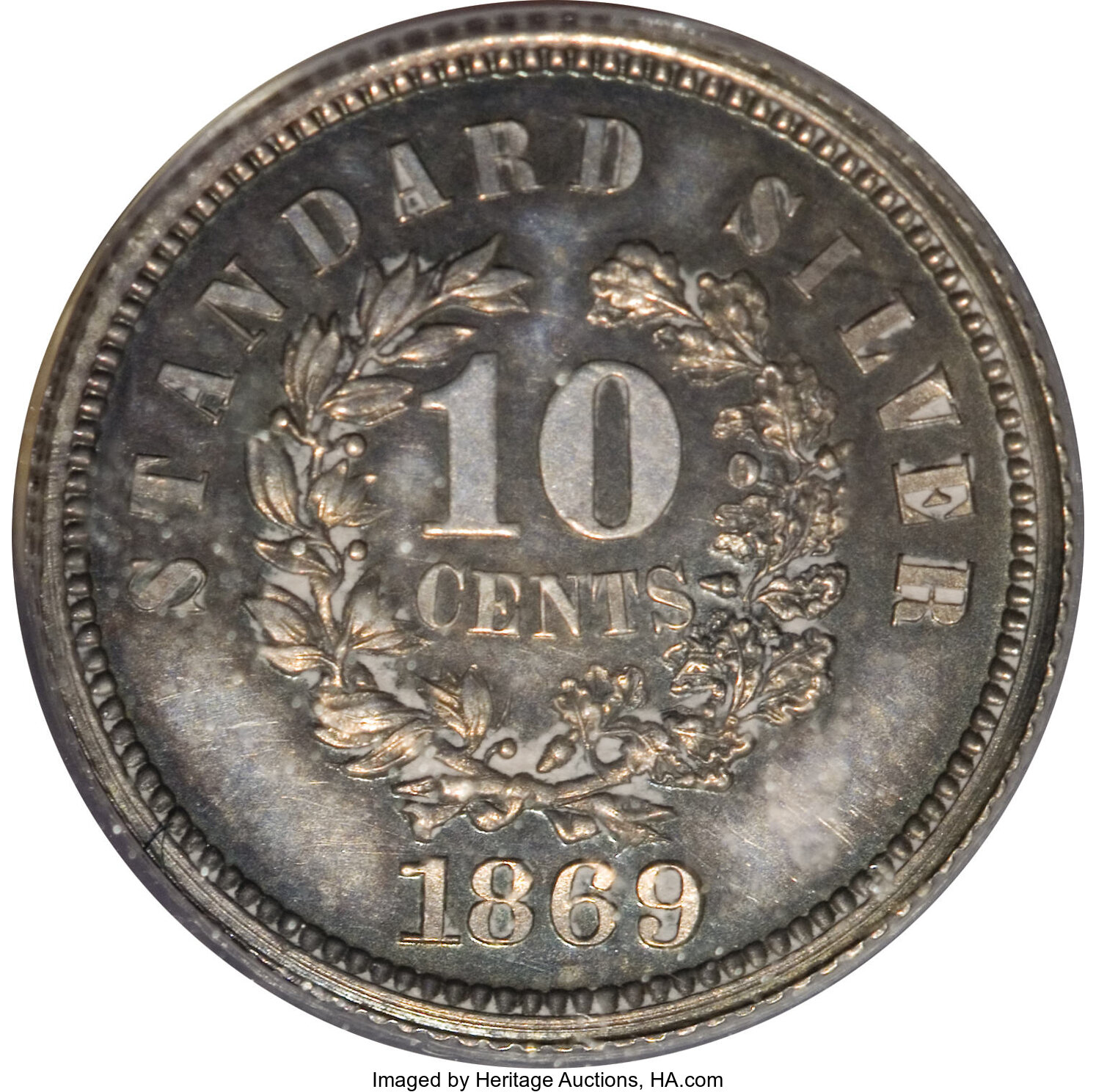image for: 1869 10C Standard Silver Ten Cents, Judd-696, Pollock-775, R.5, PR63 PCGS. Standard Silver design with the head of Liberty ...