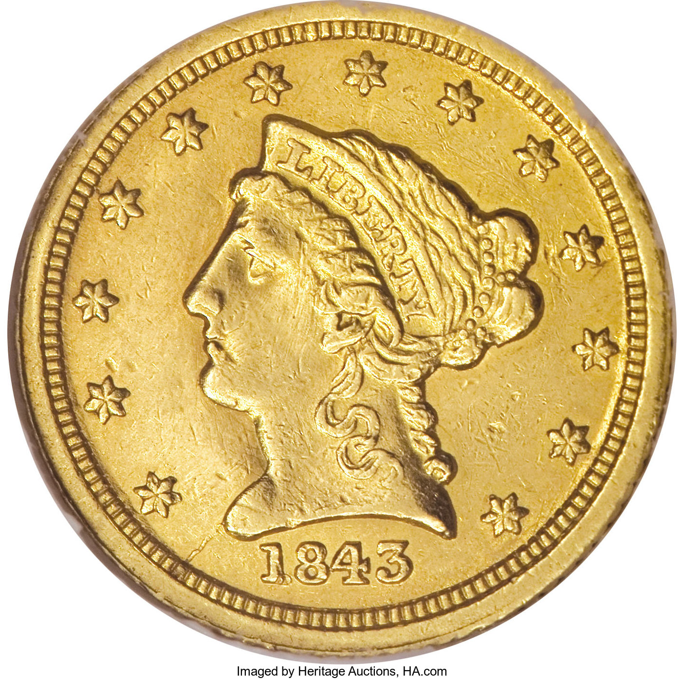 image for: 1843-C $2 1/2 Small Date, Crosslet 4--Repaired, Cleaned--ANACS. AU50 Details. Variety 4-C. Liberty's cheek and the left obv...