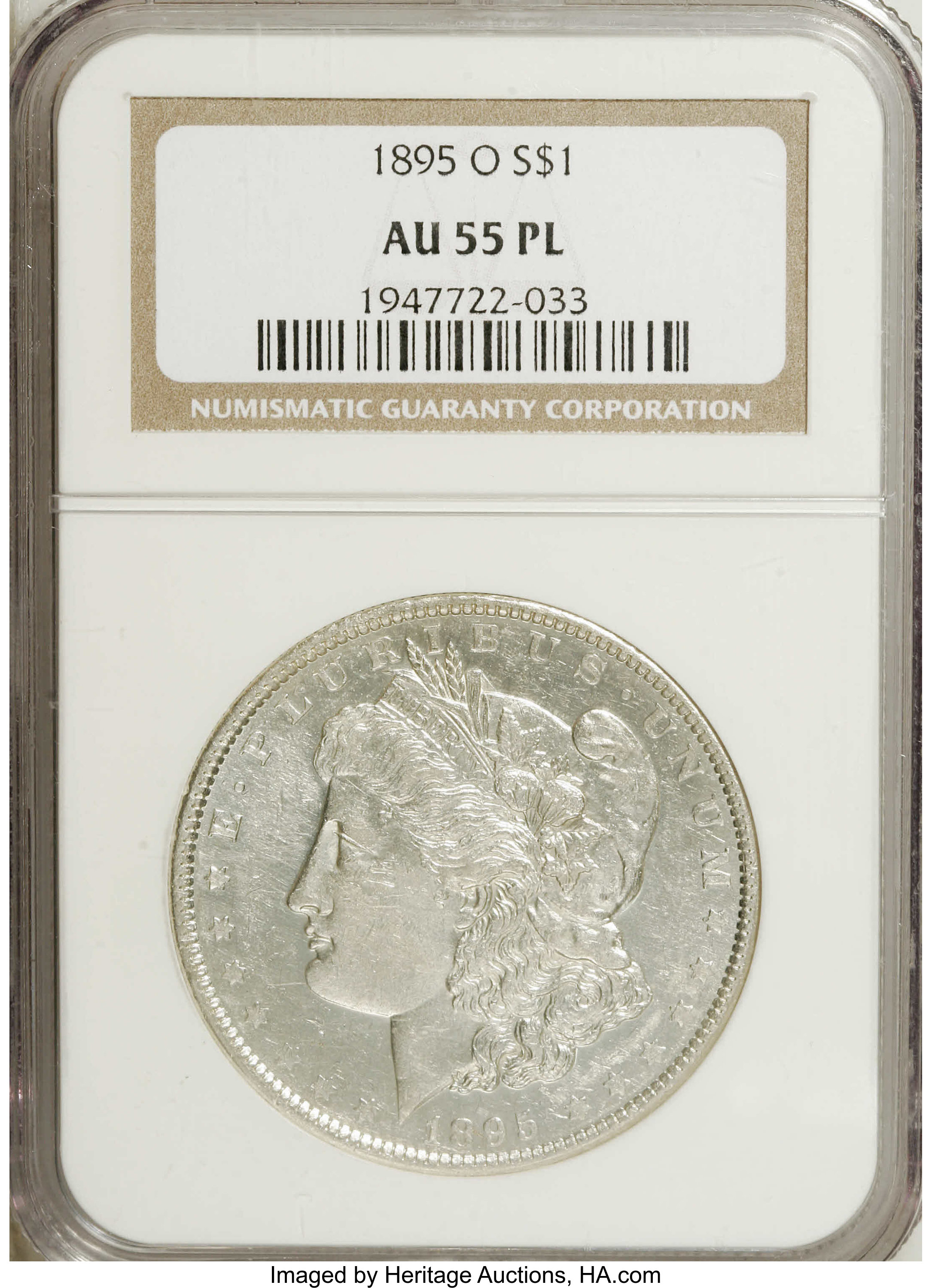 image for: 1895-O $1 AU55 Prooflike NGC. Although the surfaces are moderately abraded and the devices ha...