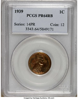 image for: 1939 1C PR64 Red and Brown PCGS. PCGS Population (55/19). NGC Census: (48/30). Mintage: 13,520. Numismedia Wsl. Price for N...