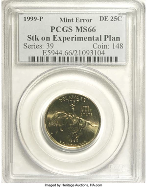 image for: 1999-P 25C Delaware Statehood Quarter--Struck on an Experimental Planchet--MS66 PCGS. In 1999, the U.S. Mint was devising a...