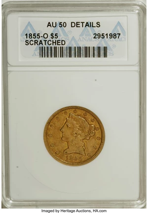 image for: 1855-O $5 --Scratched--ANACS. AU50 Details. The letter M is lightly pinscratched onto the bust truncation above the first 5 ...