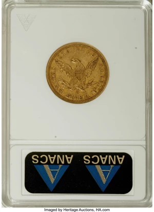 image for: 1855-O $5 --Scratched--ANACS. AU50 Details. The letter M is lightly pinscratched onto the bust truncation above the first 5 ...