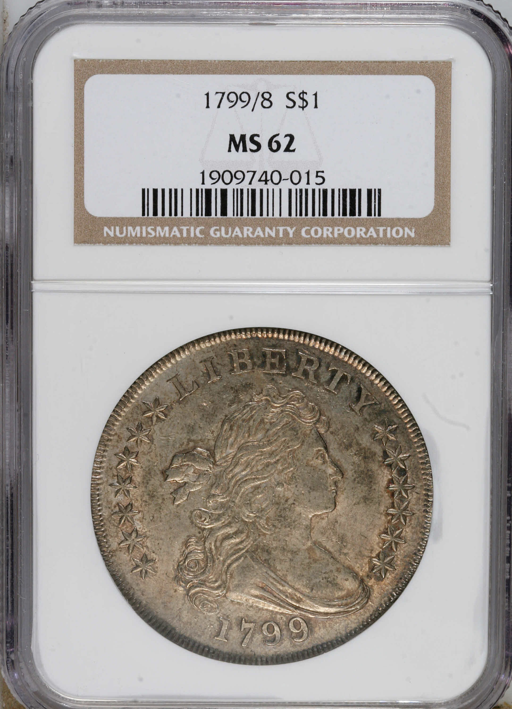 image for: 1799/8 $1 13 Stars Reverse MS62 NGC. B-1, BB-142, R.4. Die State II. A beautiful example of t...