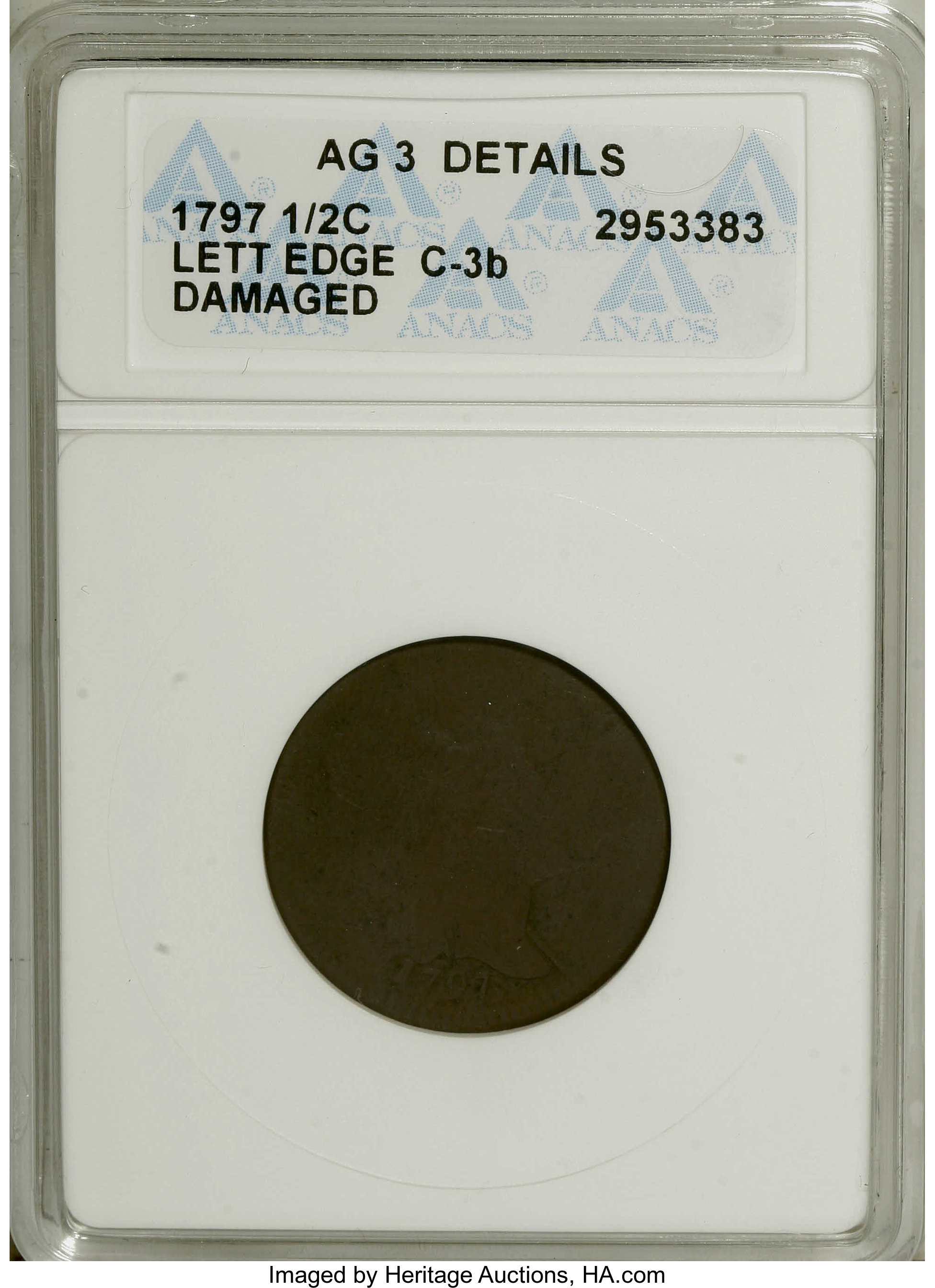 image for: 1797 1/2 C Lettered Edge--Damaged--ANACS. AG3 Details. C-3b. NGC Census: (0/4). PCGS Population (1/4). Mintage: 127,840. Nu...